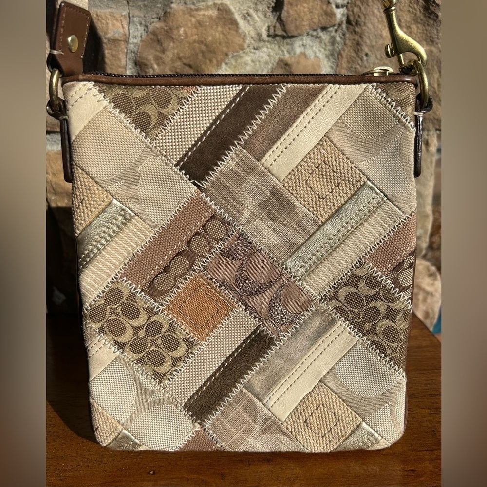Coach Patchwork Khaki Brown Denim Swingpack Crossbody 41705 Y2K - Picture 9 of 16